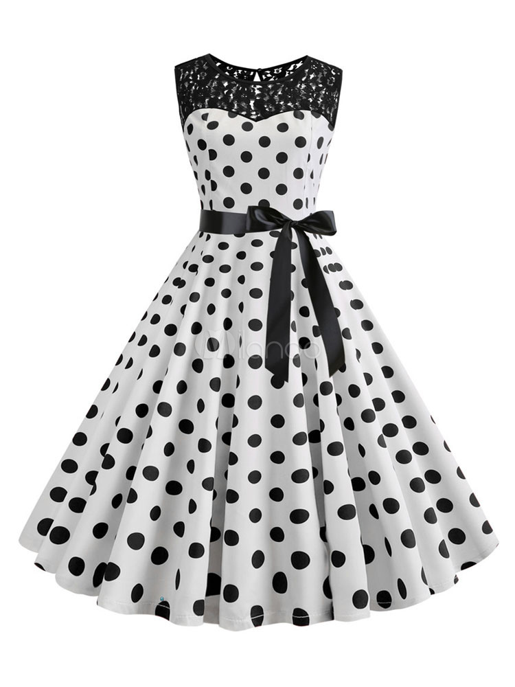 レトロワンピース ドット レース ヴィンテージ サマーワンピース 22 1950年代 水玉 パッチ リボン サッシュ ロカビリーワンピース Milanoo Jp