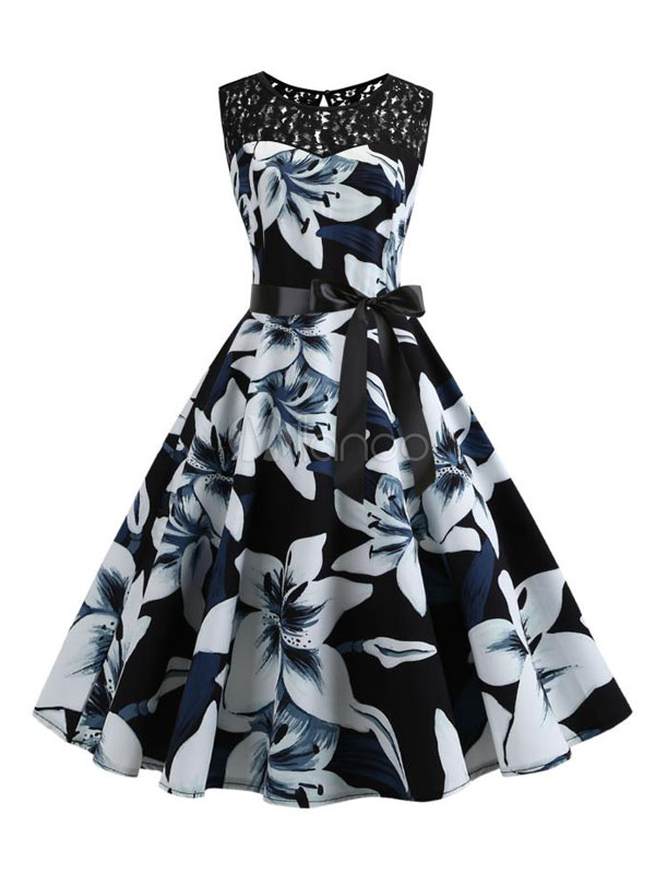 1950s floral lace swing dress