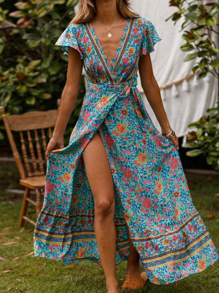 Women's Clothing Dresses | Bohemian Dresses Light Sky Blue Split V-Neck Short Sleeves Floral Print Boho Long Dress - QE72906