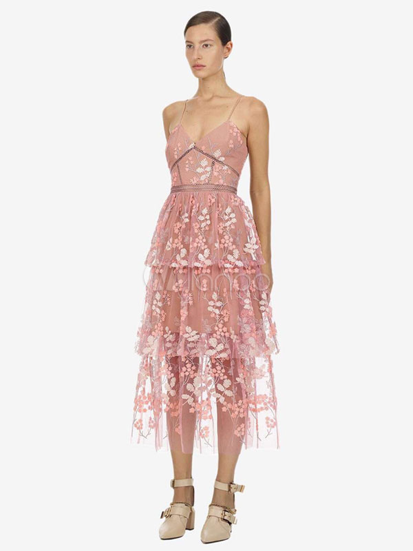Pink Party Dresses Floral Embroidered Tiered Backless Semi Formal Dress