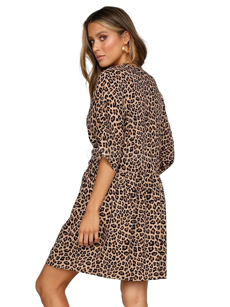 Leopard Print Shift Dress V Neck Half Sleeve Button Up Midi Dress - Milanoo.com