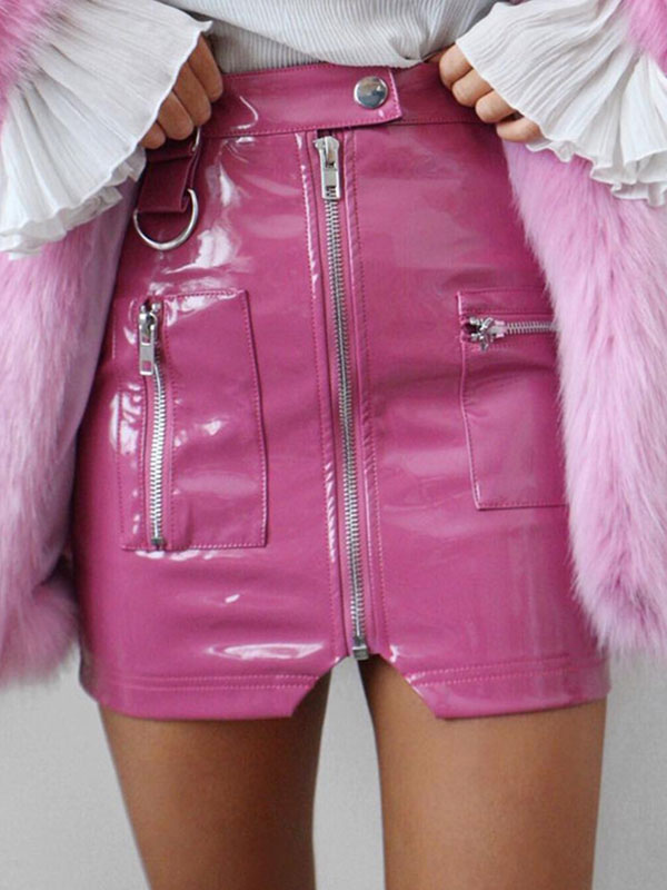 Women's Clothing Women's Bottoms | Sexy Mini Skirt Leather Like Zipper Short Bodycon Skirt With Pockets - MX41853