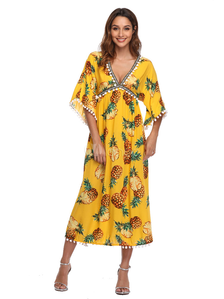Boho Sommerkleid Übergroße gelbe Ananas Print Strandkleid mit Pom Poms ...