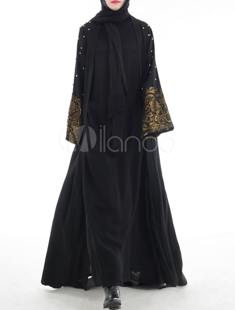 Black Abaya Dress Muslim Women Dress Beading Open Front Long Sleeve