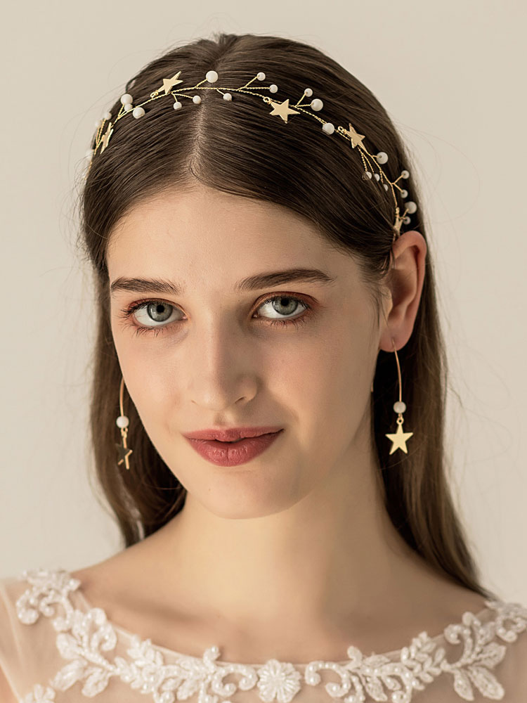Boda Accesorios de boda | Conjunto de joyas de boda Perlas de oro Patrón de estrella Gorros con aretes - VU07900