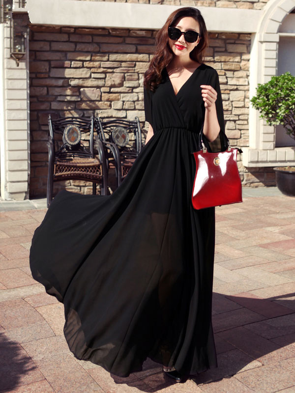 Women's Clothing Dresses | Chiffon Beach Dress Women Maxi Dress V Neck Sleeved Summer Dress - LD47256