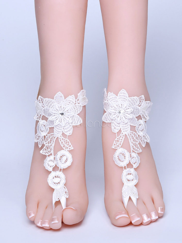 Beach Wedding Footwear White Toe Loop Flowers Detail Ankle Bracelet - Milanoo.com