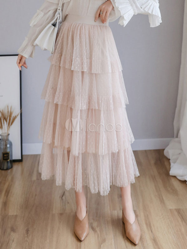 High waisted layered tulle ruffle midi skirt beige hotsell