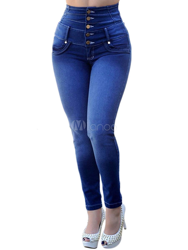 High Waisted Jeans For Women Button Skinny Denim Pants - Milanoo.com