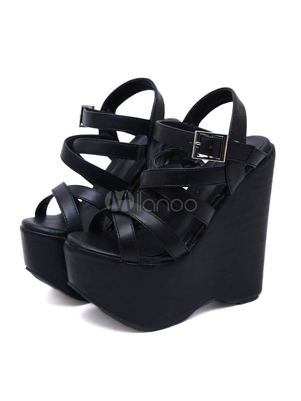 Sandalias Plataforma De Cuña Negras Plataforma Para Mujer Zapatos Con Punta  Abierta Con Hebilla Y Detalle De Hebilla - Milanoo.com