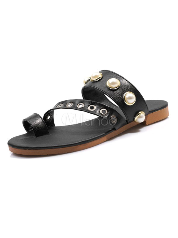 Sandalias de mujer Zapatillas con punta de dedo negras Perlas sin respaldo  Sandalias planas de playa - Milanoo.com