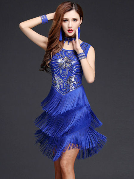 Dance Costumes Latin Dresses Royal Blue Women Sequin Fringe Dancer ...