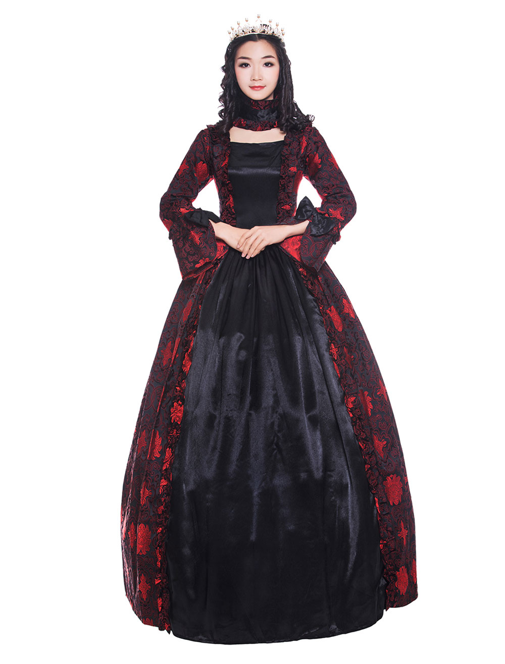 Disfraz Halloween Mujeres trajes retro rojo oscuro con volantes arco  estampado floral satinado estilo victoriano ropa vintage Halloween Carnaval  Halloween 