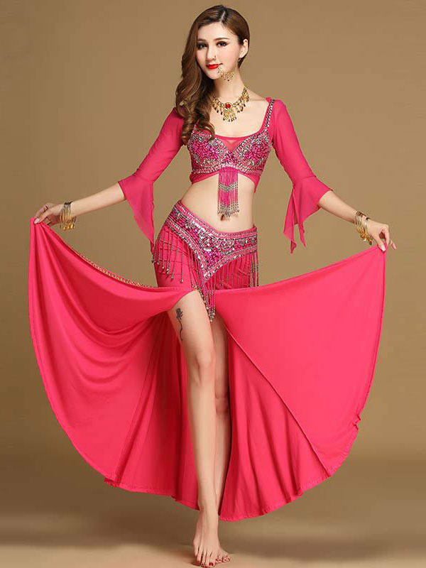 Belly Dance Costumes Women Rose Red Beading High Slit Belly Dancing  Performance Costume Halloween - Milanoo.com