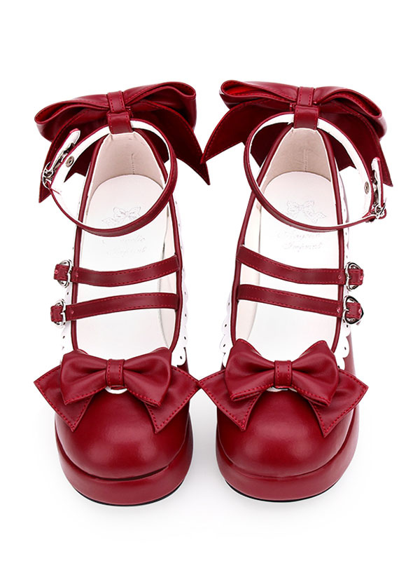 Costumes Lolita | Sweet Lolita Pumps Burgundy Bows Round Toe Flatform Lolita Shoes - KL51681