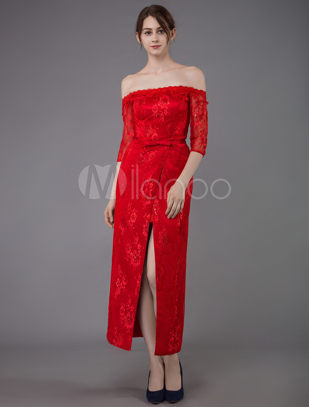 Red Lace Party Dress 2020 High Split Ankle Length Half Sleeve