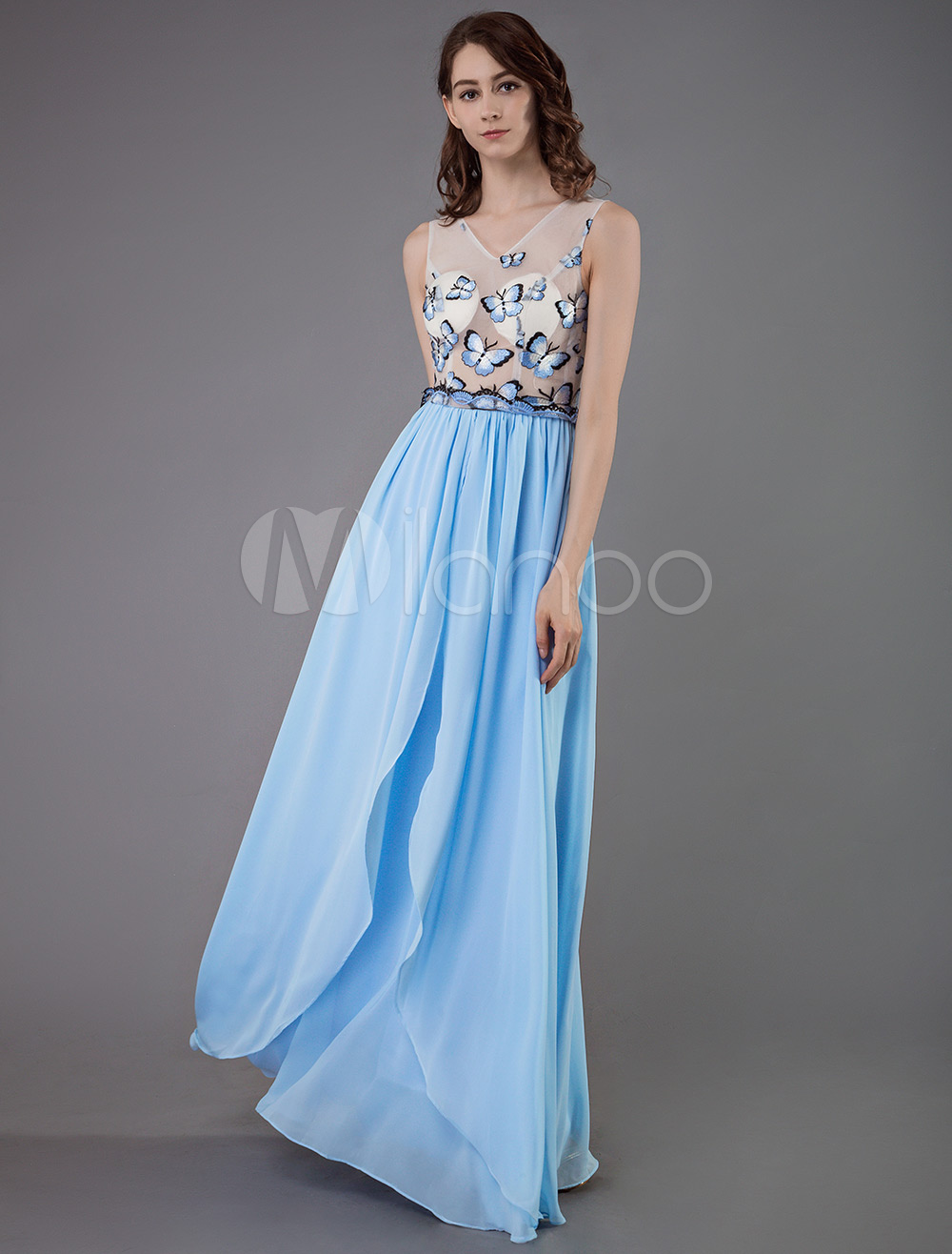 Baby Blue Prom Dress 2020 Chiffon A Line V-Neck Sleeveless Ruffles With