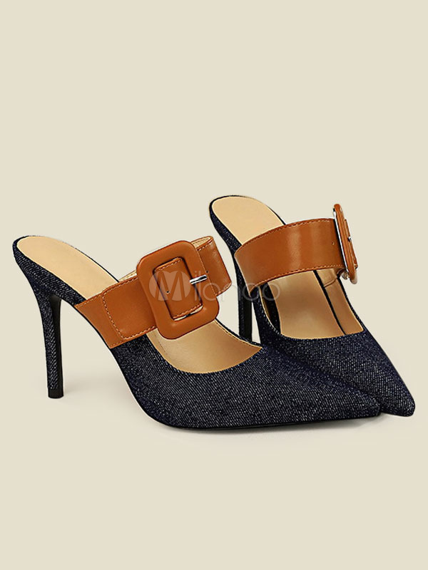 High Heel Mules Women Pointed Toe Buckle Detail Backless Mule Heels