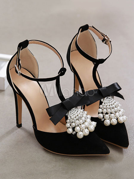 Tacones Altos Negros Zapatos De Arco De Perlas Con Bombas De Correa De  Tobillo En Punta Puntiaguda Para Mujeres Tipo T - Milanoo.com