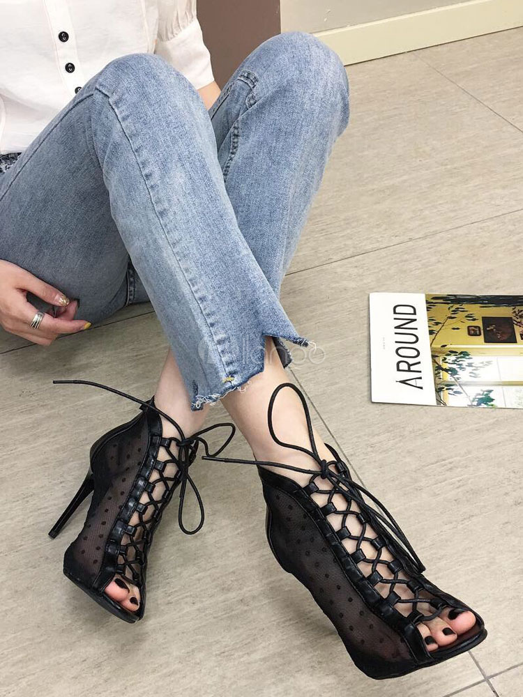 Sandalias de tacón alto Mujer Negro Peep Toe con cordones Sandalia botines  - Milanoo.com