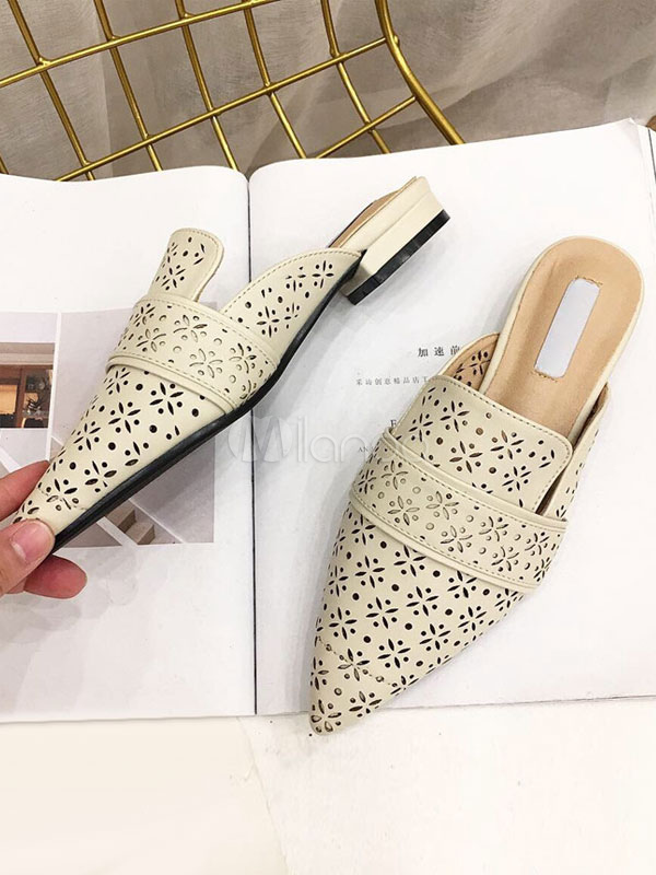 Women Flat Mules Pointed Toe Cut Out Backless Mule Shoes
