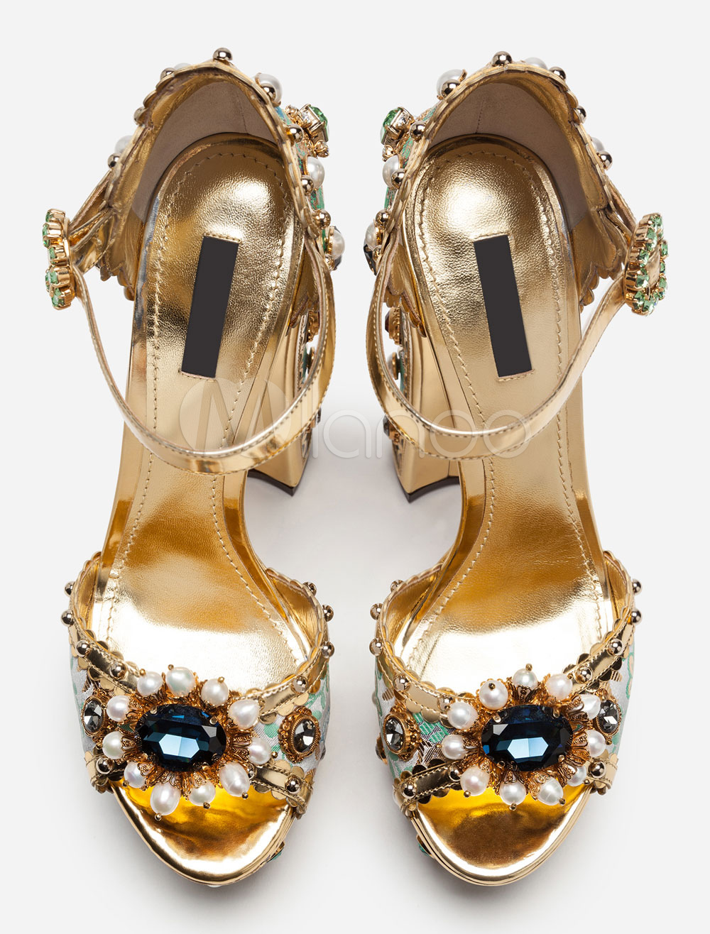 Gold Party Shoes Women Platform Open Toe Rhinestones Pearls Buckle ...