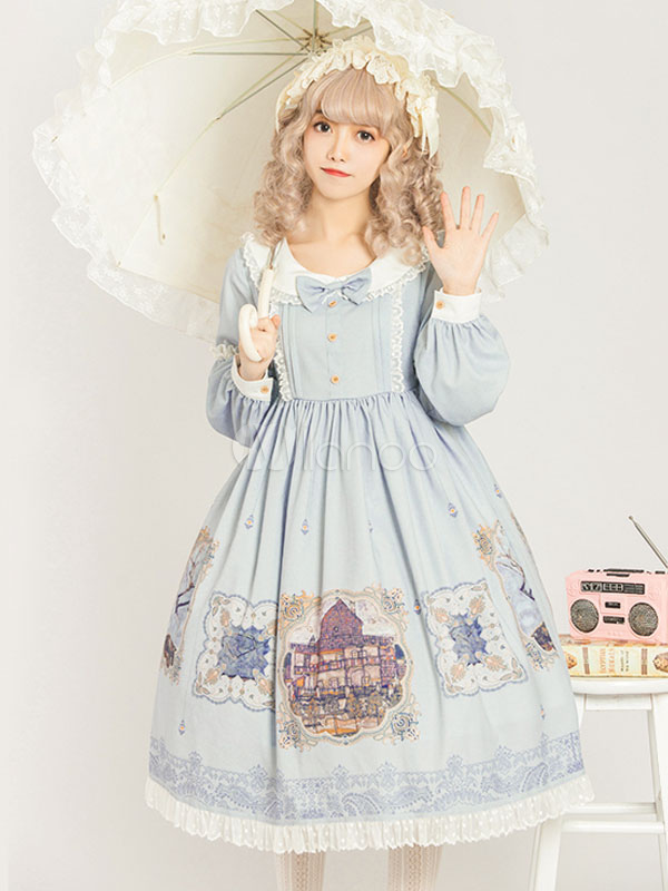 Sweet Lolita OP Dress Gallery Printed Baby Blue Buttons Lolita One ...