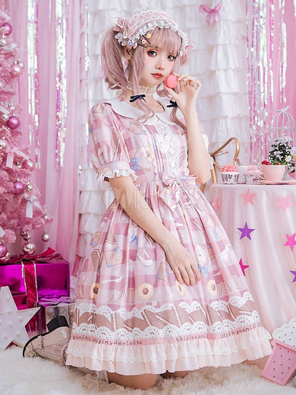 Sweet Lolita OP Dress Dessert Printed Bows Short Sleeve Lolita One ...