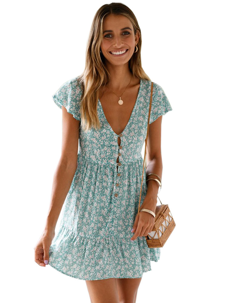 Floral Summer Dress V Neck Print Light Sky Blue Button Beach Dress ...