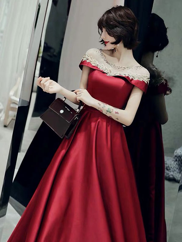 Evening Dress 2023 A Line Jewel Neck Floor Length Short Sleeve Formal