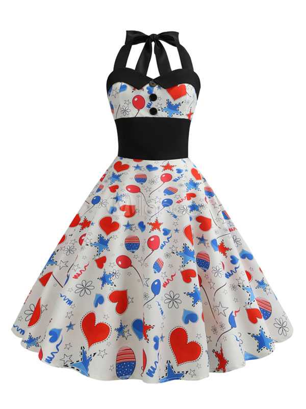 Vintage Pin Up Dress 1950s Women Printed Sleeveless Rockabilly Dress ...
