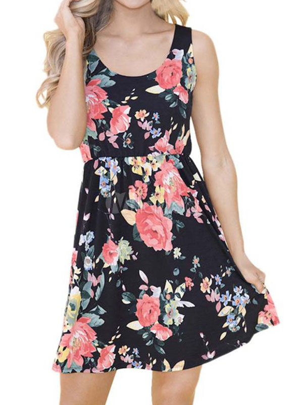 Floral Summer Dress Black Jewel Neck Printed Women Sundresses - Milanoo.com