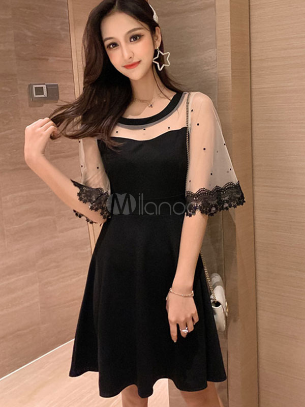 Vestito nero da donna Vestito a pieghe da donna Mezza manica Abito svasato  estivo - Milanoo.com