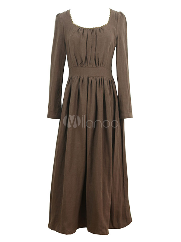 Brown Maxi Dress Women Empire Cut Regency Dress Linen Square Neckline ...