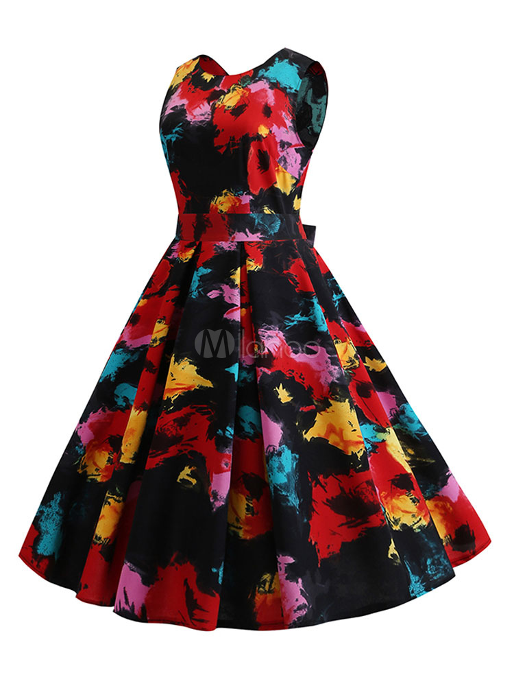 Serzul Women A Line Vintage Dresses Audrey Hepburn Style Floral Party Dress Sleeveless O-Neck Printing Dress 