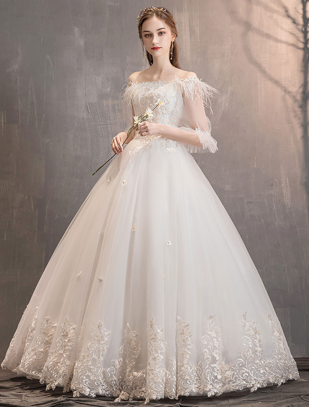 Princess Wedding Dresses Tulle Ivory Off The Shoulder Lace Applique ...