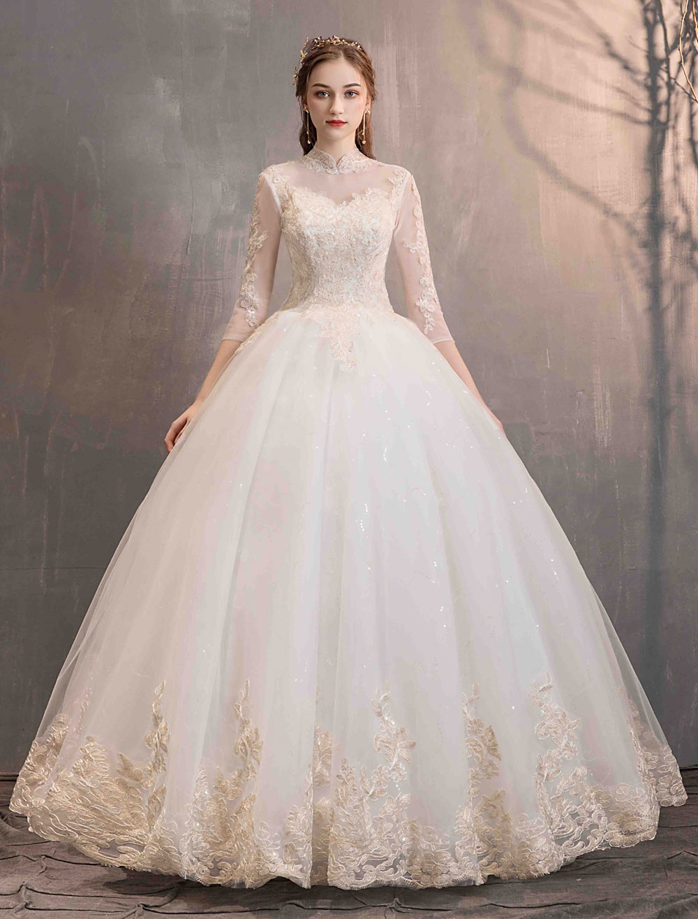 Tulle Wedding Dresses Princess Bridal Gown Illusion Collar Half Sleeve ...