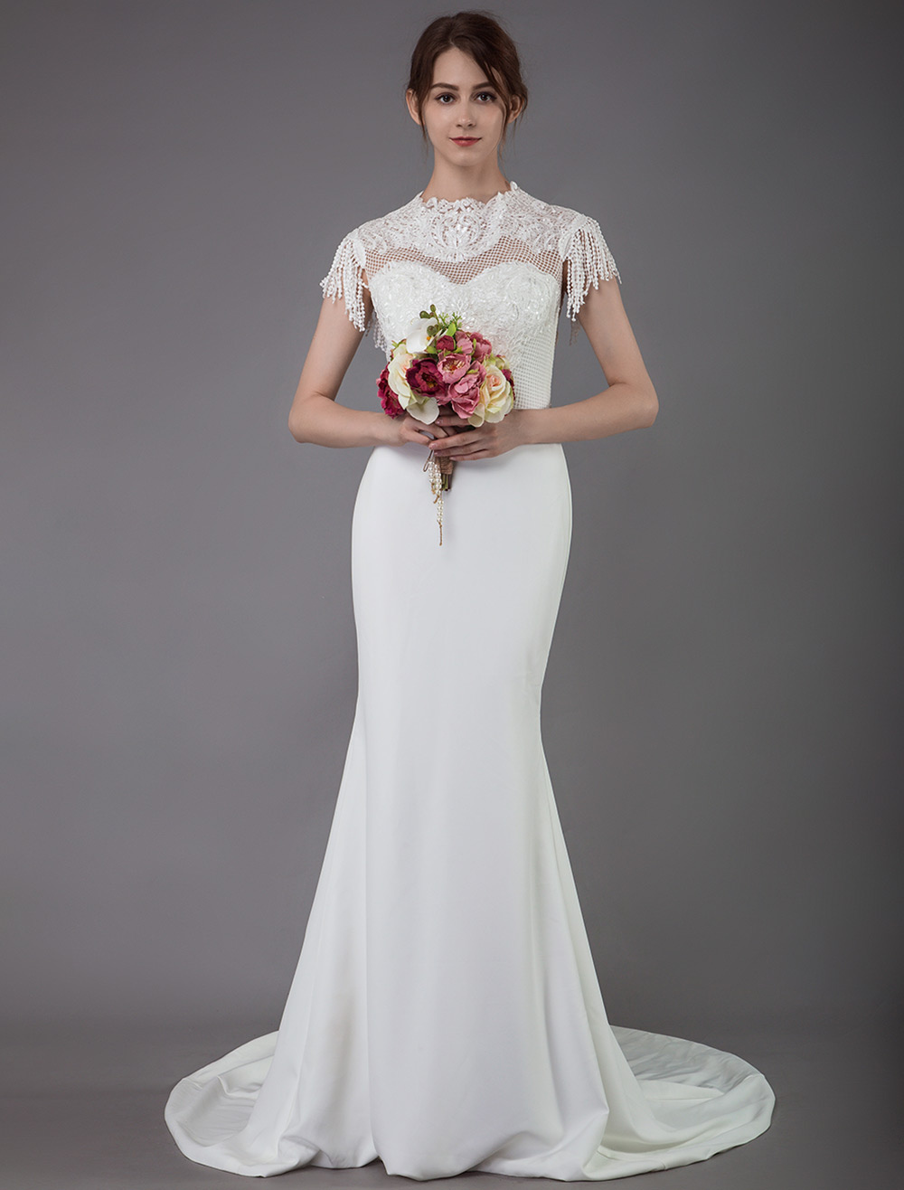 Abito da sposa da spiaggia 2023 in pizzo bohémien con maniche lunghe staccabili main image 0