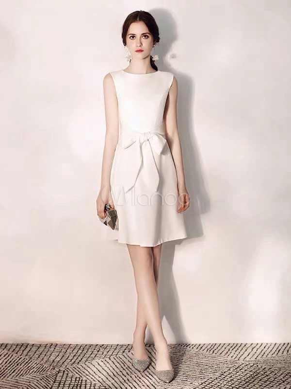 Litter White Dress 2020 Crew Neck Sleeveless Knee Length Bow
