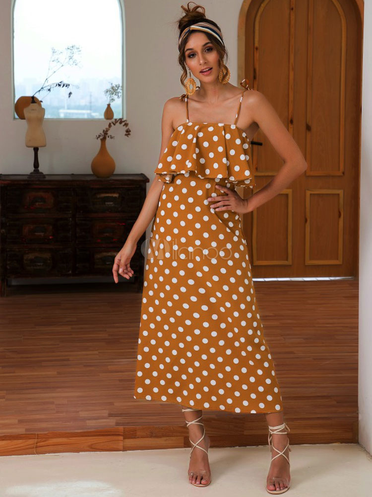 夏ワンピース ストラップ リゾートワンピース カーキ ポリエステル ボヘミアン風 シェイプアップ 水玉模様 フリル レディースワンピース レディース ファッション Milanoo Jp