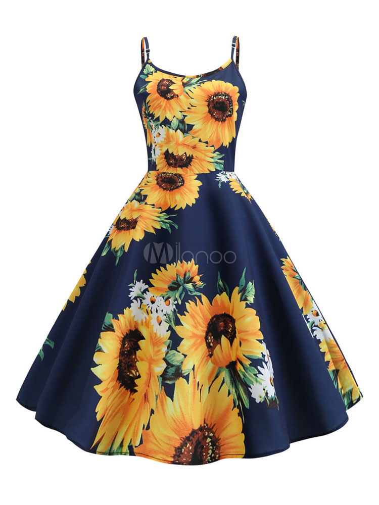 Sunflower Dress Vintage Summer Dress 1950s Sleeveless Women Swing Dress ...