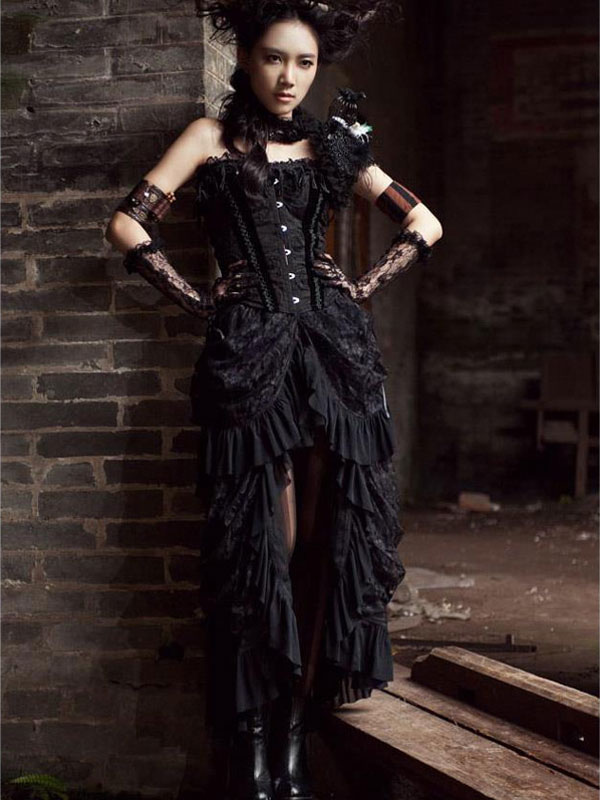 Black Steampunk Gothic Corset Burlesque High-Low Prom Party Dress 