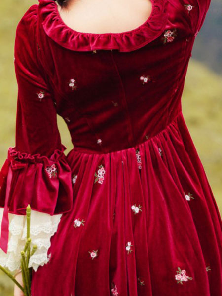 Costumes Costumes | Red Retro Costumes Lace Embroidered Bows Velour Dress Middle Age Costume - PK64670