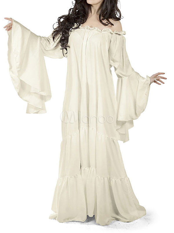 Costumes Retro 2020 Blanc Plisse Hor De L Epaule Tenue Vintage Femmes Milanoo Com