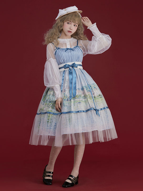 Classic Lolita JSK Dress Monet Oil Painting Printed Bows Ruffles Lolita ...
