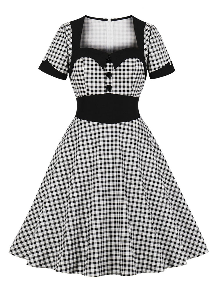 Mode Femme Robes | Robes de Vintages 1950s Femmes Courtes Imprimés Carreaux à Col Carré avec Manches Courtes Coupe Cintrée Bas Evasée Bicolores Robes de Rétros - ZQ85024