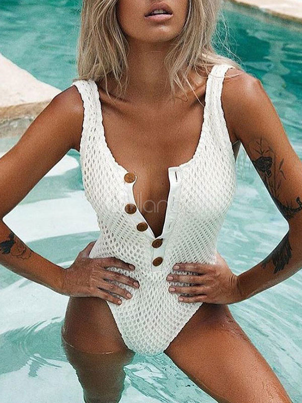 One Piece Swimsuits 2020 For Women White Buttons U Neck Shaping Summer Beach Swimwear 