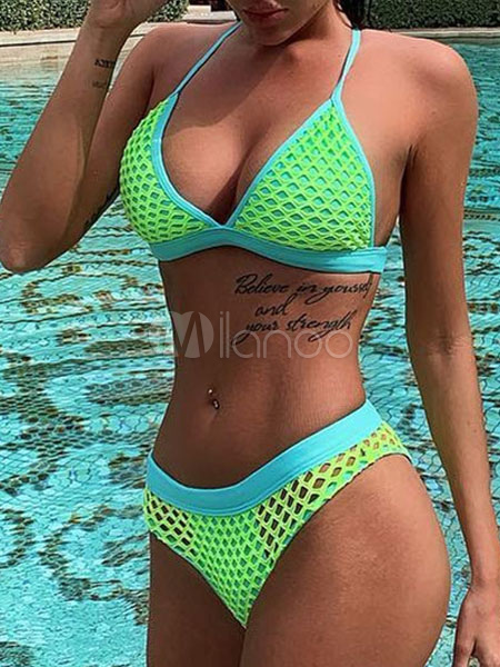 Women Bikini Swimsuit 2020 Green Net V Neck Low Rise Waist Summer ...