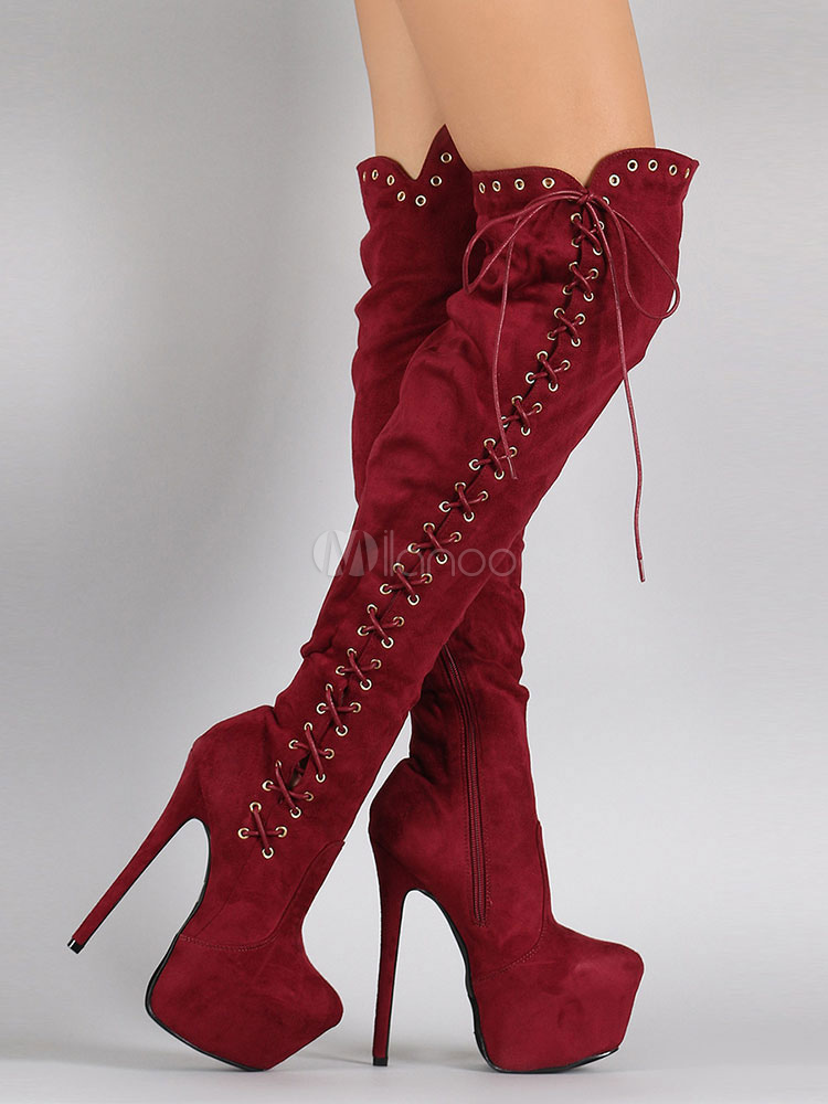 Over The Knee Women's Boots Suede Burgundy Round Toe 6.3
