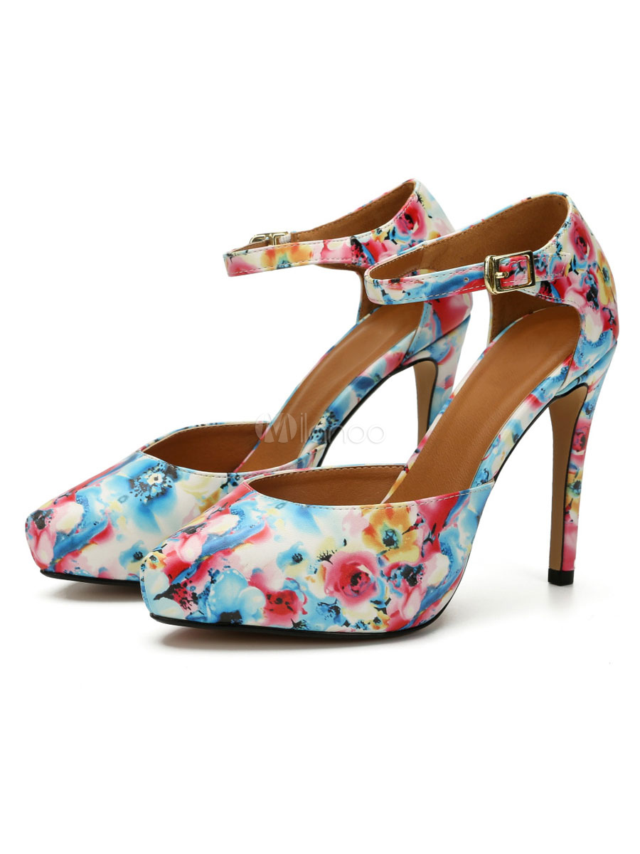 Red High Heels Women Pointed Toe Floral Print Ankle Strap Pumps ...